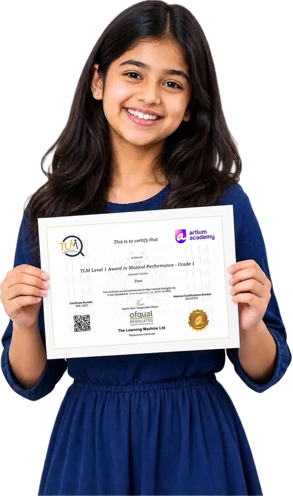 A smiling learner holding her Ofqual-regulated Artium certificate in musical performance
