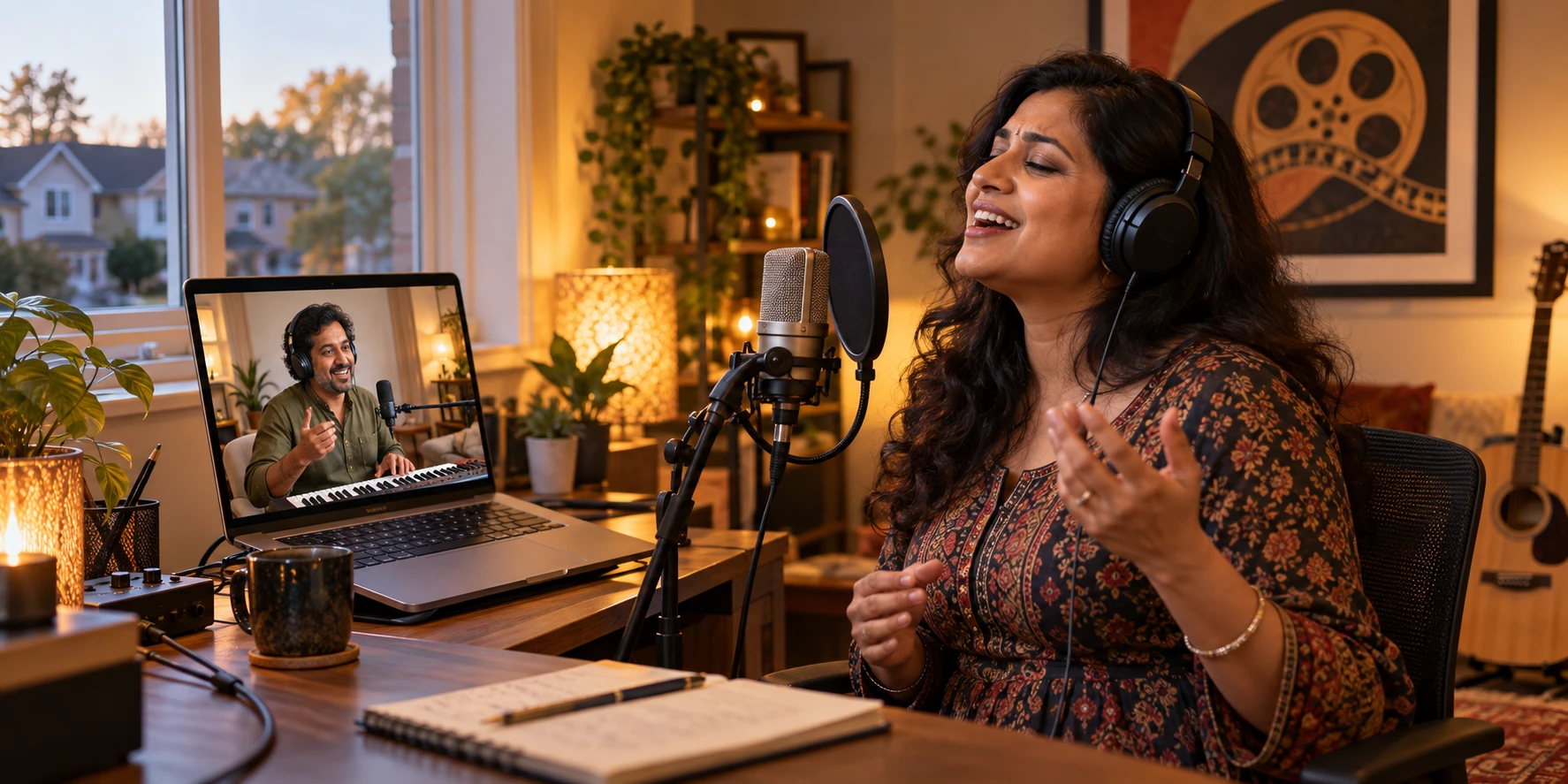 A woman in headphones singing into a studio microphone with her Artium teacher in a live 1:1 online class