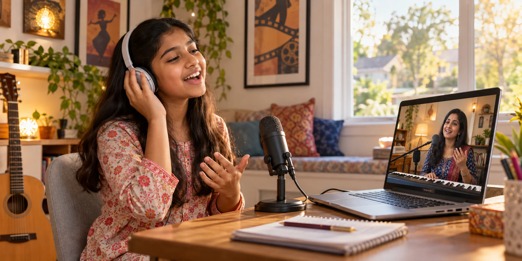 A girl in headphones singing into a microphone with her Artium teacher in a live 1:1 online class