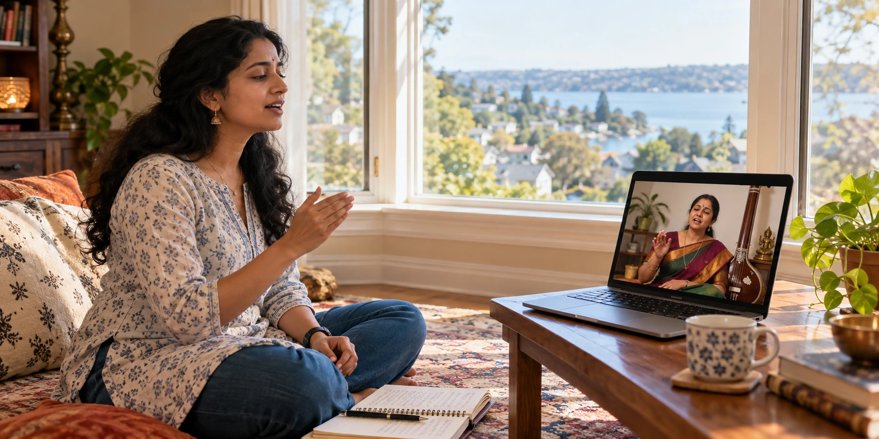 A woman singing along with her Artium teacher and tanpura in a live 1:1 online Carnatic class