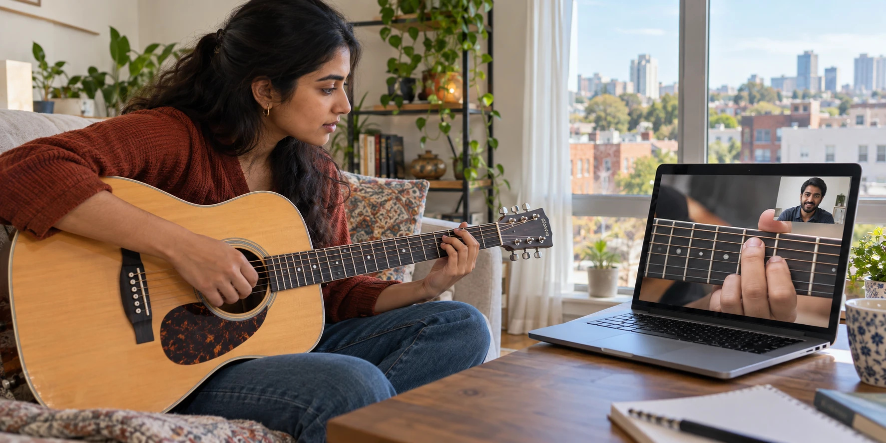 A woman playing acoustic guitar along with her Artium teacher in a live 1:1 online class