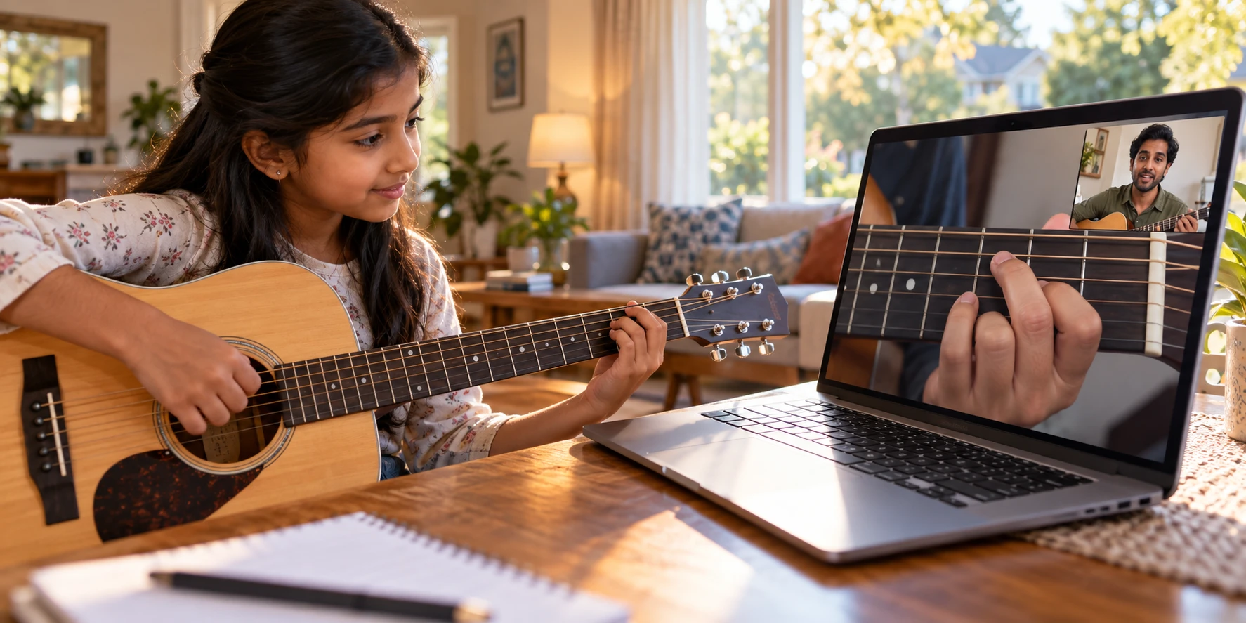 A girl playing acoustic guitar along with her Artium teacher in a live 1:1 online class