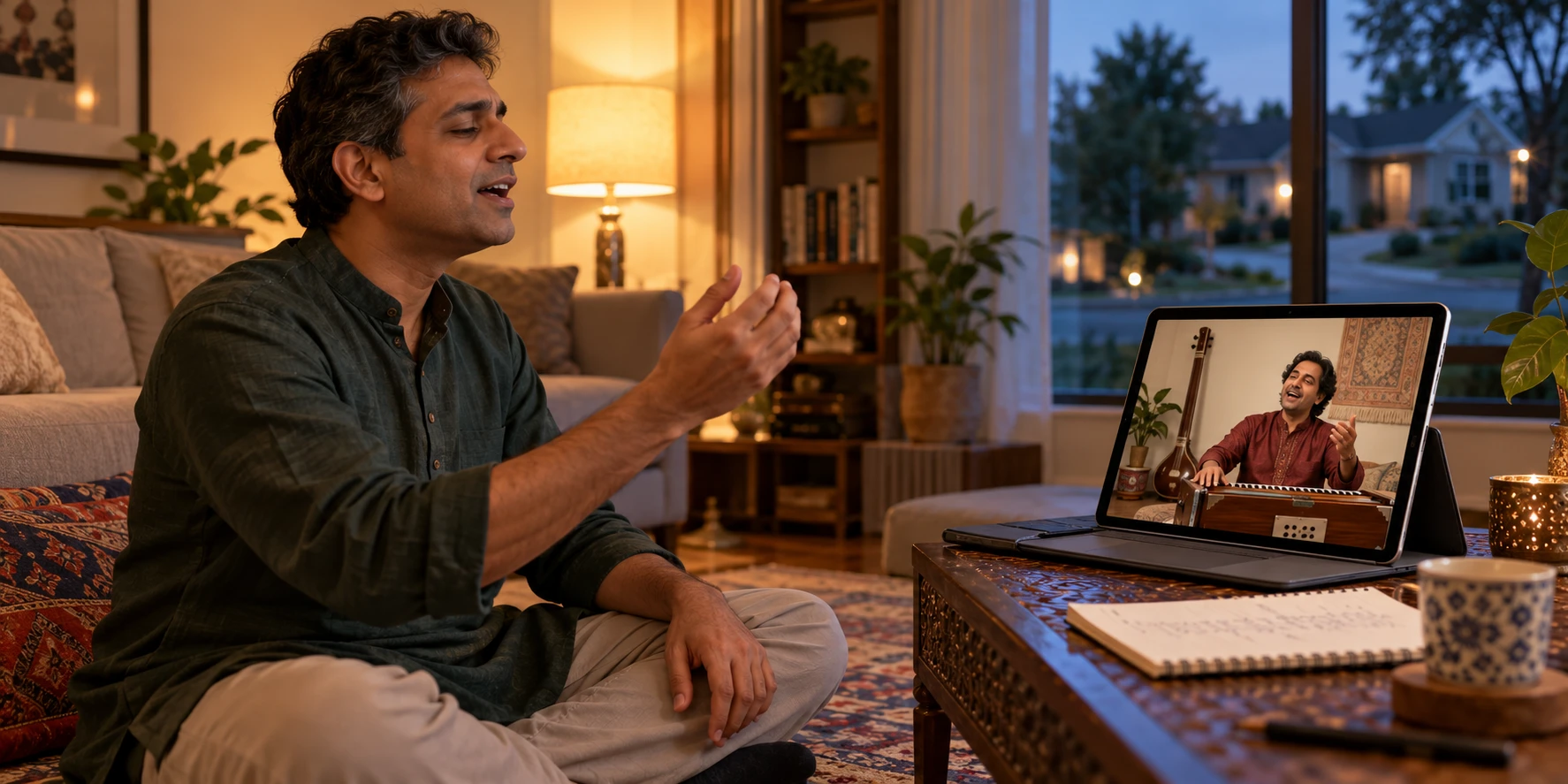 A man singing along with his Artium teacher and harmonium in a live 1:1 online Hindustani class