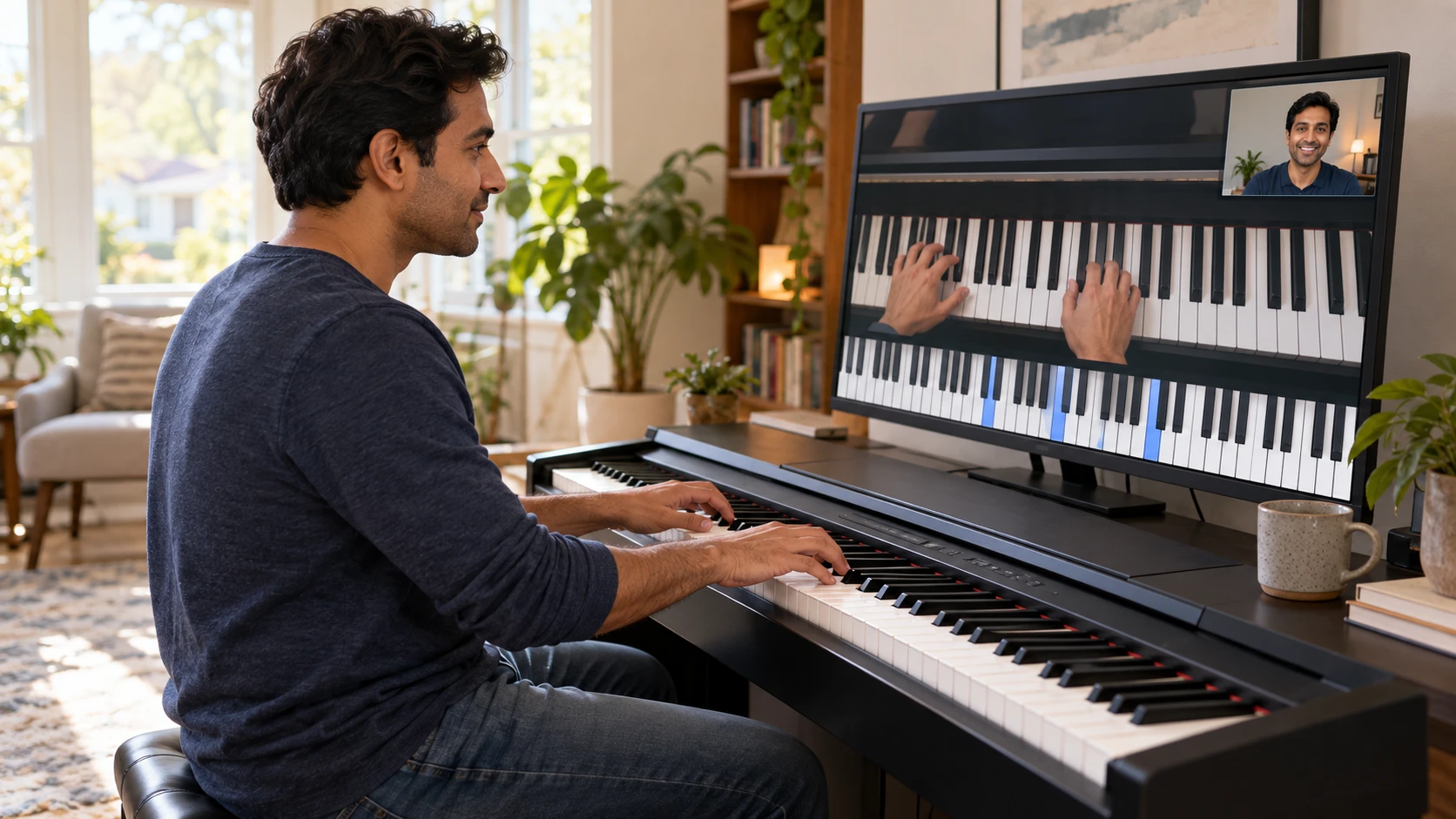 A man playing a digital piano while following his Artium teacher on screen in a live 1:1 online class