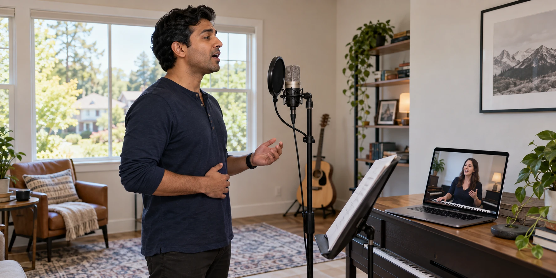 A man singing into a studio microphone with his Artium teacher in a live 1:1 online Western vocals class