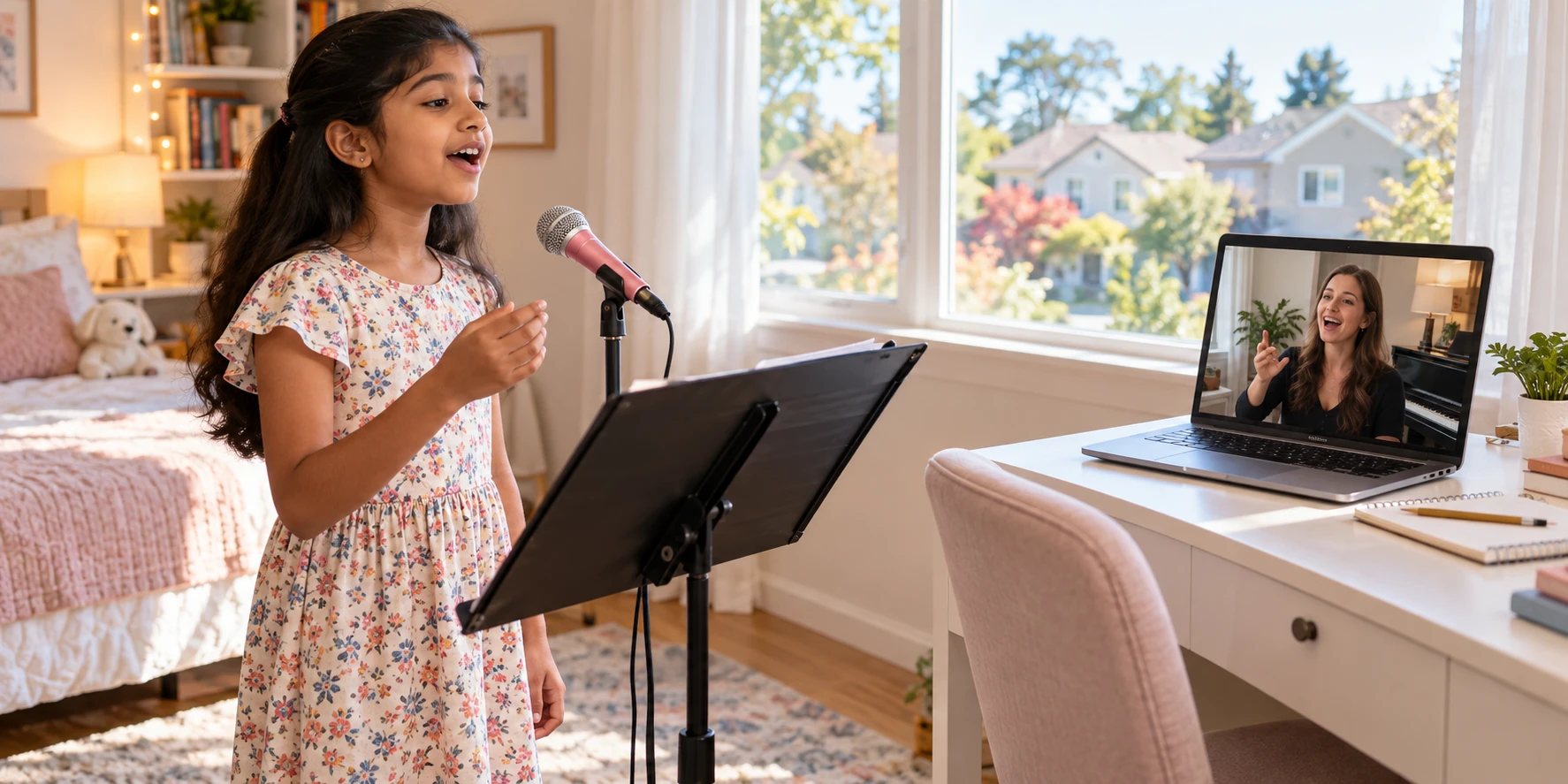 A girl singing at a microphone with her Artium teacher in a live 1:1 online Western vocals class